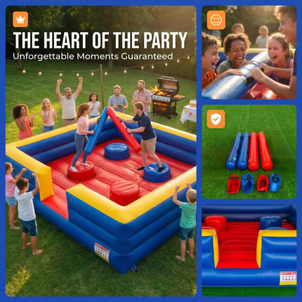 Inflatable Gladiator Joust Arena Game Set - 13x13ft 4 Person Joust Arena with 4 Jousting Sticks & Helmets, Commercial Grade PVC Inflatable Jousting Ring for Party, School & Team Building Events
