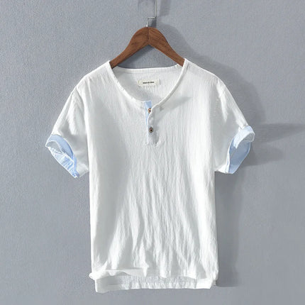 Loose Oversized Cotton Linen Short-sleeved Men's T-shirt Collar Buckle Half-open Shirt Korean Fashion Men Clothing New 2020