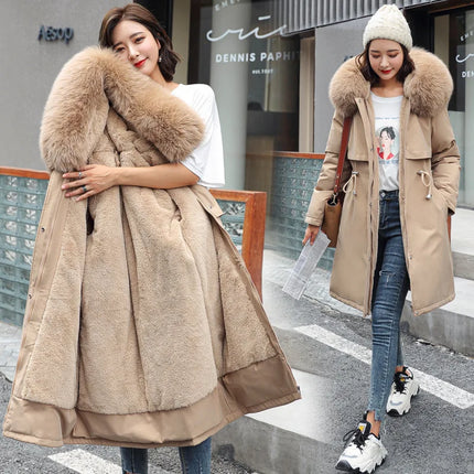 Women Winter Parka Warm Hooded Long Sleeve Zipper Thick Jackets Fur Collar Fleece Drawstring Long Coat Casual Streetwear Outwear