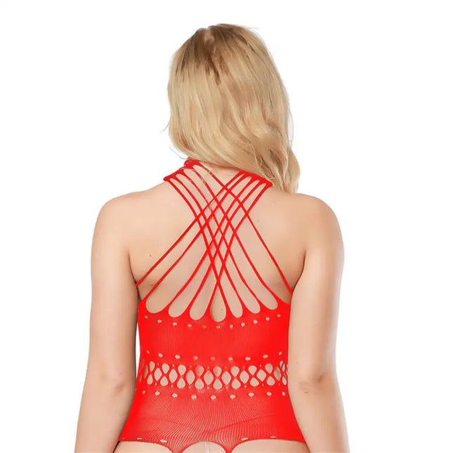 Women Black/red Multi Strap Halter Cutout Fishnet Bodystocking Hollow Out Mesh Full Body Pantyhose Lingerie for Night Party Wear
