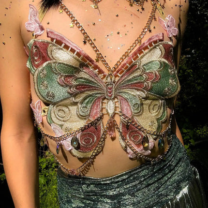 Women's Butterfly Embroidered Top Crystal Chain Sleeveless Cropped Top Camisole Backless Adjustable Sexy Beach Holiday Y2K Top