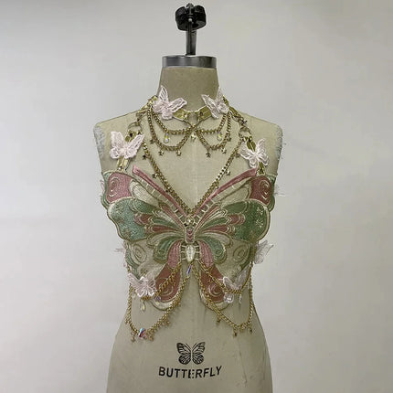 Women's Butterfly Embroidered Top Crystal Chain Sleeveless Cropped Top Camisole Backless Adjustable Sexy Beach Holiday Y2K Top