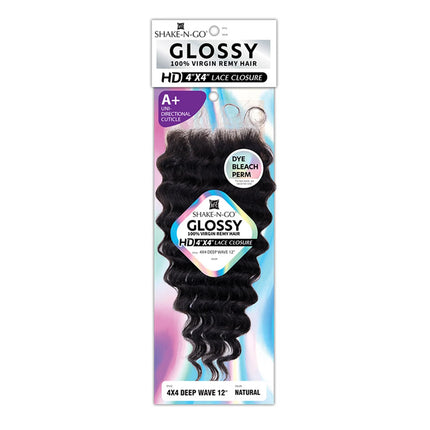 Shake-N-Go Glossy Virgin Remy Hair HD Lace Closure 4X4 Deep Wave 12'' – Natural Look, Soft Texture, Easy Blend, Perfect Fit