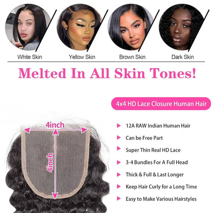 Kinky Curly 13x4 Transparent Lace Frontal 4x4 Lace Closure Deep Wave Water Wave Lace Closure 100% Human Hair Remy Pre Plucked