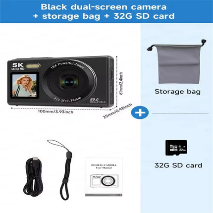 5K Dual Screen Digital Camera 80MP Retro CCD Photographic Cameras 8000W Pixel Auto Focus with 18x Zoom for Kid Adult Photography