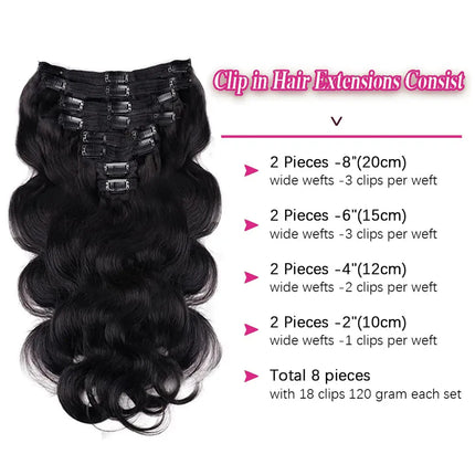 Clip In Hair Extensions Brazilian Body Wave 100% Unprocessed Brazilian Remy Virgin Human Hair Clip Ins 120G/240G 8 Pcs/Lot