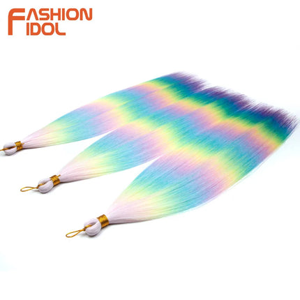 FASHION IDOL 28inch/3PCS Ariel Straight Hair Bundles Crochet Hair Synthetic Braiding Hair Ombre Rainbow Braids Hair Extensions