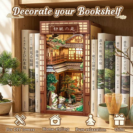 CUTEBEE Bookstore Model Miniature House DIY 3D Wooden Puzzle Bookshelf Insert Serene Courtyard with Dust Cover for Room Decor
