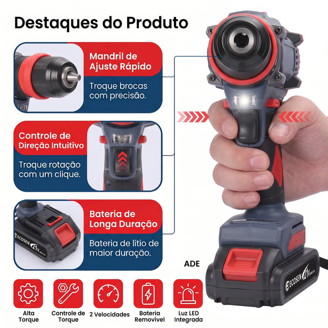 Furadeira Parafusadeira Brushless 21V 85N.m Com 2 Baterias, Kit Completo Com Acessórios E Carregador Bivolt