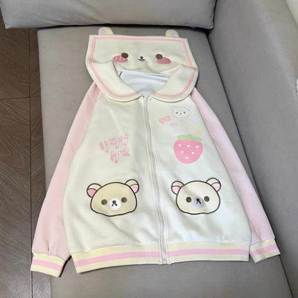 Spring Japanese Cute Cartoon Punk Sailor Collar Patchwork Sweatshirt Women Autumn Winter Loose Long Sleeve Tops Kawaii Hoodie