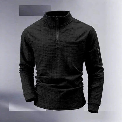 Men's Golf Shirt for Spring and Autumn: High-neck, plaid, sleeve pockets, zipper, stylish sporty long-sleeved polo shirt
