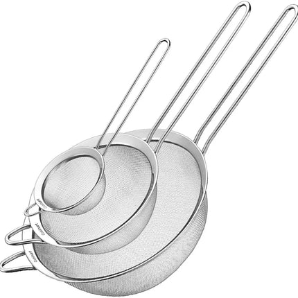 tastyWay 3pcs/set Stainless Steel Fine Mesh Strainers Multipurpose Flour Sifter For Baking With Handle Flour Sieve Sifter Baking
