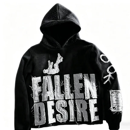 Streetwear style distressed hoodie with frayed edges and a "FALLEN DESIRE" lettering patch. Available in multiple colors. Perfect for unisex casual everyday wear.