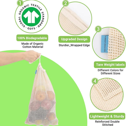 Weedi 3/6pack Reusable Cotton Mesh Produce Bags, Washable Grocery Bag Kitchen Fruit Vegetable Storage Bags Kitchen Organizer