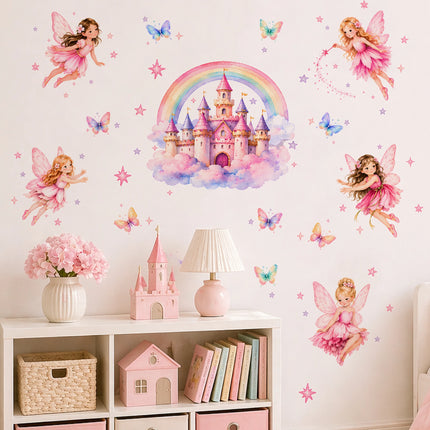 Cute Princess Castle and Fairy Wall Sticker Set,Rainbow Butterfly Wall Stickers,for Girls' Bedrooms - Decor for Kids Rooms