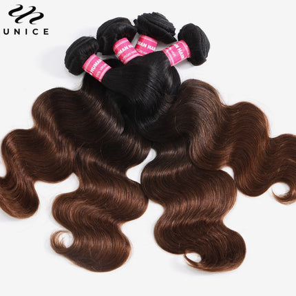 UNice Hair Chestnut Brown Ombre Body Wave Bundles 1/3/4 PCS Deal 100% Human Hair Bundles Sew In Quick Weaves 8-26 Inch