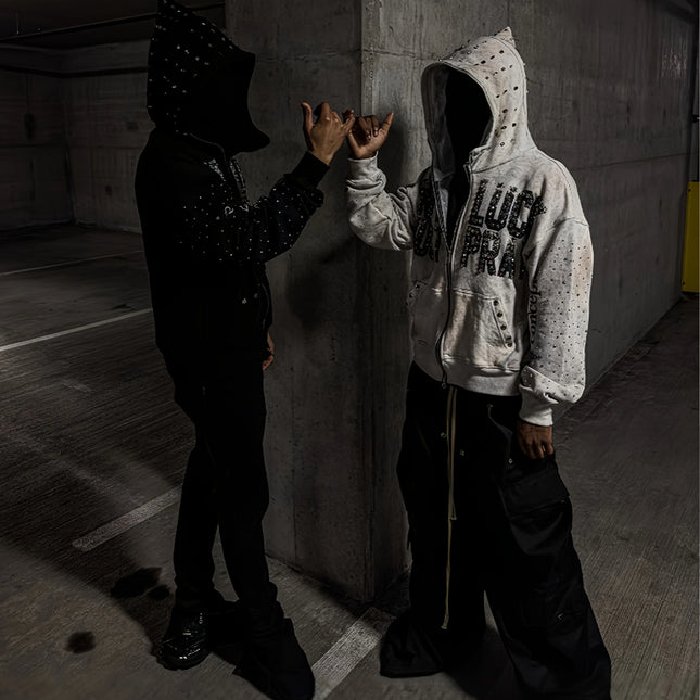 Y2K rhinestone-studded hooded sweatshirt with a NOT JUST LUCK PRAY letter print, perfect for everyday wear.