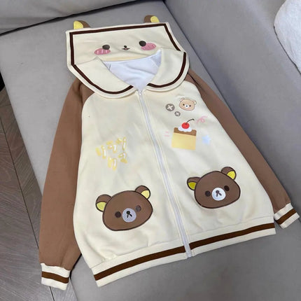 Spring Japanese Cute Cartoon Punk Sailor Collar Patchwork Sweatshirt Women Autumn Winter Loose Long Sleeve Tops Kawaii Hoodie