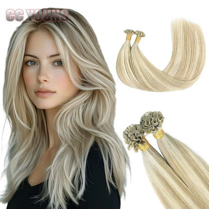 U Tip Hair Extensions 100% Human Hair Nail Tip Hot Fusion Italian Keratin Hair Extensions 50 Strands Highlight Blond Color
