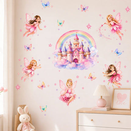 Cute Princess Castle and Fairy Wall Sticker Set,Rainbow Butterfly Wall Stickers,for Girls' Bedrooms - Decor for Kids Rooms