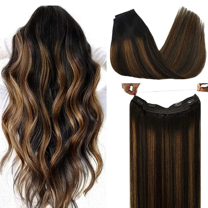 Sunmofavo Invisible Wire Remy Human Hair Extensions Brown Ombre Straight Seamless Fish Line Daily Wear Volume Boost Soft Silky