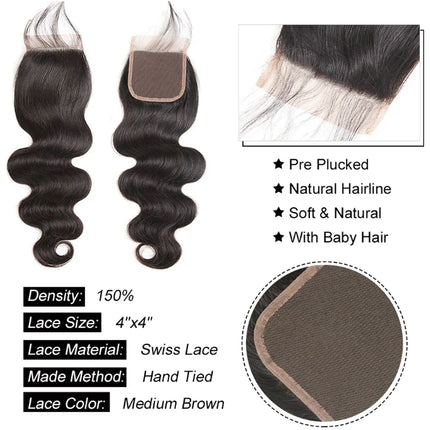 Lace Closure Only 4x4 Water Wave Closure 15A Human Hair Brazilian Lace Closure Deep Curly Straight Body Loose Wave Closure Only