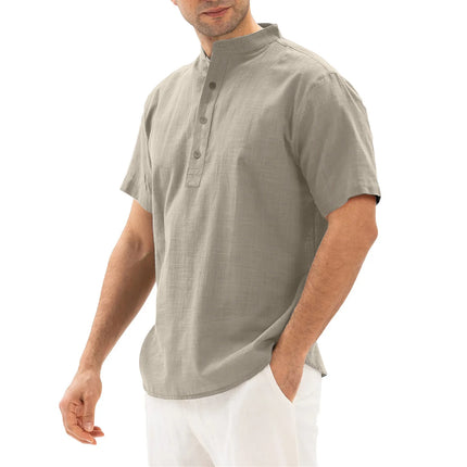 Loose Oversized Cotton Linen Short-sleeved Men's T-shirt Collar Buckle Half-open Shirt Korean Fashion Men Clothing New 2020