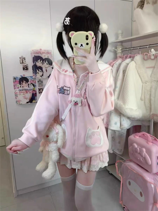 Japanese Cartoon Embroidery Women Hoddies Preppy Style Sailor Collar Autumn Hoody Jacket Y2k Aesthetic Grunge Pocket Sweatshirt