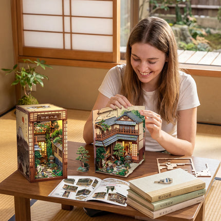 CUTEBEE Book Nook Kit Wooden Doll House 3D Puzzle DIY Miniature House Model with LED Light for Japanese Serene Courtyard