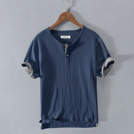 Loose Oversized Cotton Linen Short-sleeved Men's T-shirt Collar Buckle Half-open Shirt Korean Fashion Men Clothing New 2020