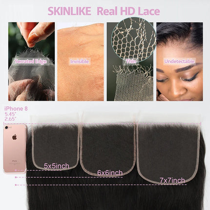 SKINLIKE Real HD Lace Frontal Melt Skins Straight invisible HD Lace Closure Only Deep Wave Kinky Curly Water Wave Human Hair