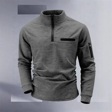 Men's Golf Shirt for Spring and Autumn: High-neck, plaid, sleeve pockets, zipper, stylish sporty long-sleeved polo shirt