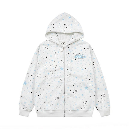 Ins Fashion Women's Full Print Star Zipper Hoodie Sweatshirt Japanese Streetwear Casual Long Sleeve Pullover for Autumn Winter