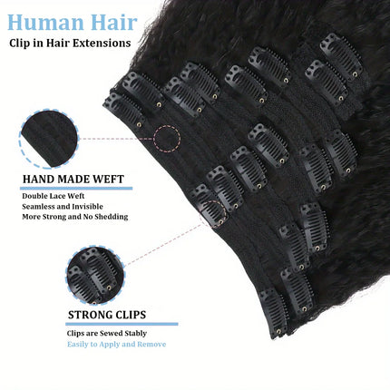 Kinky Straight Clip In Hair Extensions 100% Real Human Hair Natural Black 8 Pcs/120g Full Head Brazilian Remy Clip ins Seamless