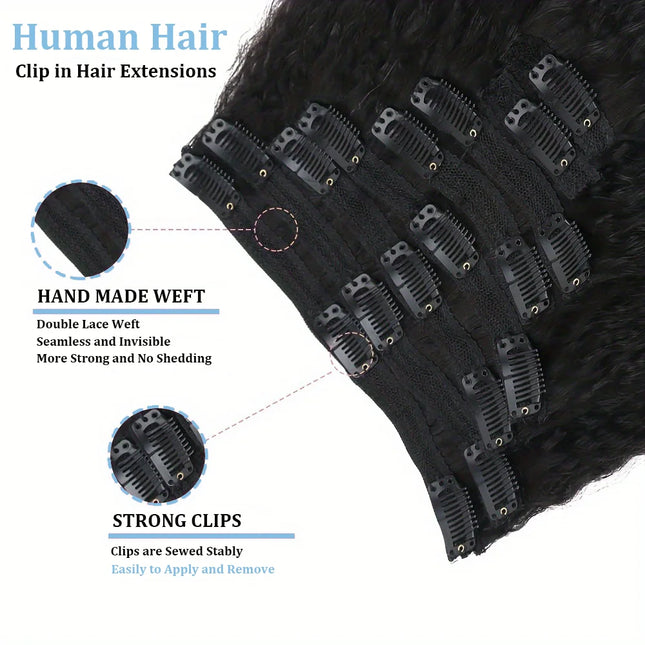 Kinky Straight Clip-In Hair Extensions 100% Real Human Hair Natural Black 8 Pcs/120g Full Head Brazilian Remy Seamless Clip-Ins