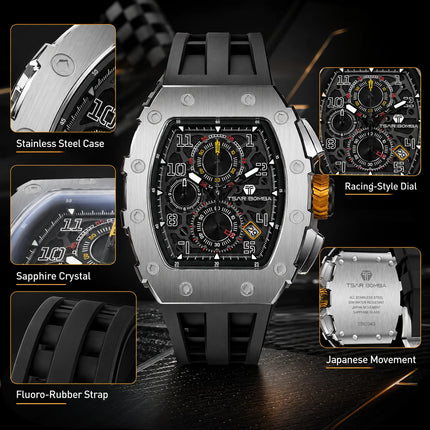 TSAR BOMBA Luxury Tonneau Quartz Watch for Men Japanese Movement, Stainless Steel Case,  Elegant Dress Wristwatch