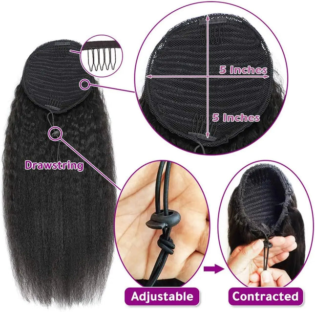 26 Inch Kinky Straight Ponytail Extension 100% Human Hair Drawstring Ponytail For Black Women Curly Pony Tails Hair Extensions