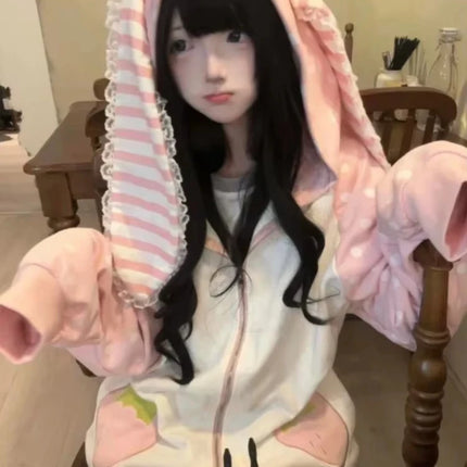 Dot Print Patchwork Women Grunge Hoody Top Rabbit Ears Japanese Kawaii Loose Hoodies Y2k Aesthetic Fairy Strawberry Sweatshirt