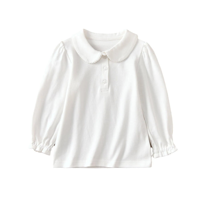Girls Cotton Polo Shirt Children White Long-sleeved T-shirt Loose Breathable Size 90-170