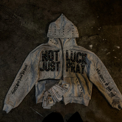 Y2K rhinestone-studded hooded sweatshirt with a NOT JUST LUCK PRAY letter print, perfect for everyday wear.