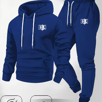 Men's Fashion Print Hooded Sweatshirt Set Autumn Winter Casual Loose Wide Fit Sportswear with Pockets Comfortable Fleece Top
