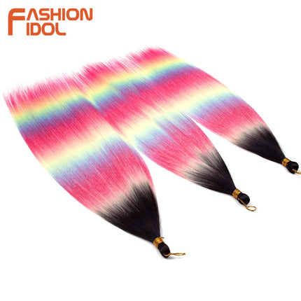 FASHION IDOL 28inch/3PCS Ariel Straight Hair Bundles Crochet Hair Synthetic Braiding Hair Ombre Rainbow Braids Hair Extensions