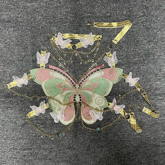 Women's Butterfly Embroidered Top Crystal Chain Sleeveless Cropped Top Camisole Backless Adjustable Sexy Beach Holiday Y2K Top