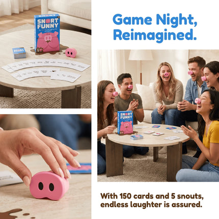 Snort Funny Party Game – The Hilarious You Laugh You Lose Card Game with 150 Challenge Cards, 5 Pig Snouts & 60 Mud Tokens for Family & Friends Game Night