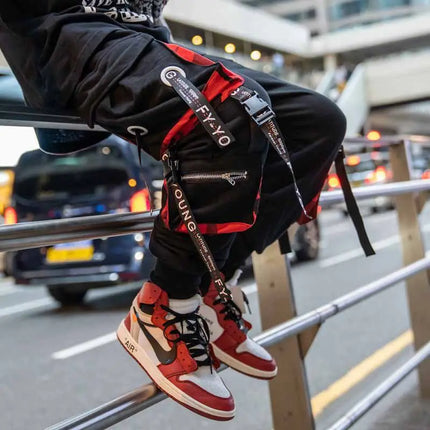 Men's Cargo Pants Hip Hop Hit Color Multiple Pockets Trousers Streetwear Ribbons Techwear Sweatpants Summer High Street Pants