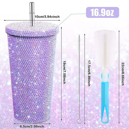 500ml Diamond Thermos Bottles Straw Cup With Lid Rhinestone Stainless Steel Double Layer Thermos Cups Glitter Cup Water Bottle