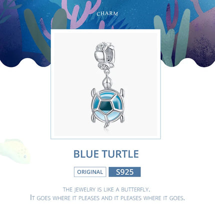 WOSTU 925 Sterling Silver Blue Conch Charm Ocean Bead Animal Turtle Starfish Pendant Fit Original Bracelet Necklace DIY Jewelry