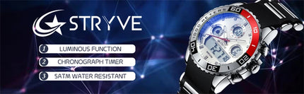 STRYVE 8023 Men's Watch Electronic Quartz Dual Movement Rubber Strap Date Week Luminous 50M Water Resistant Fashion Sports Watch