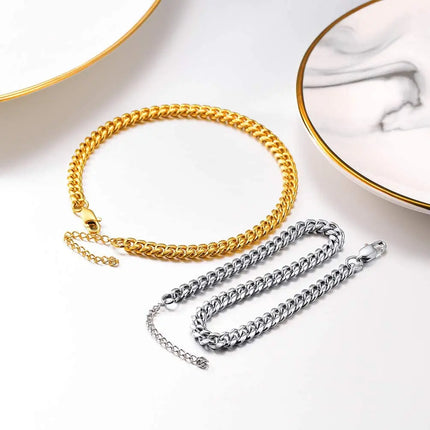 U7 6mm Wide 8.5inches Cuban Link Anklets for Women Adjustable Ankle Bracelets Men Gold Color Black Stainless Steel Jewelry