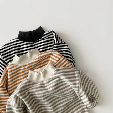 Baby Girls Striped Tops 2023 Autumn Winter New Kids Thicken Warm High-neck Sweatshirt Cotton Clothes Toddler Boys Tees